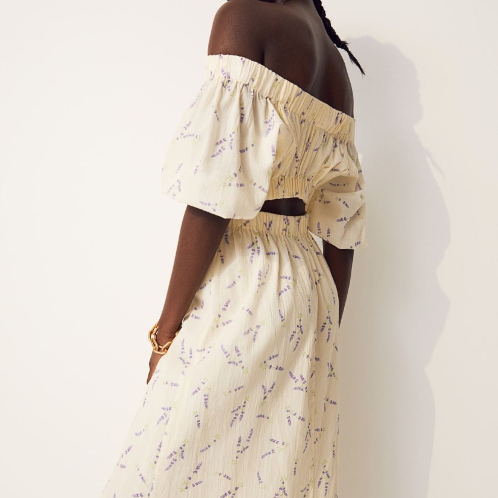 Light yellow off the shoulder dress